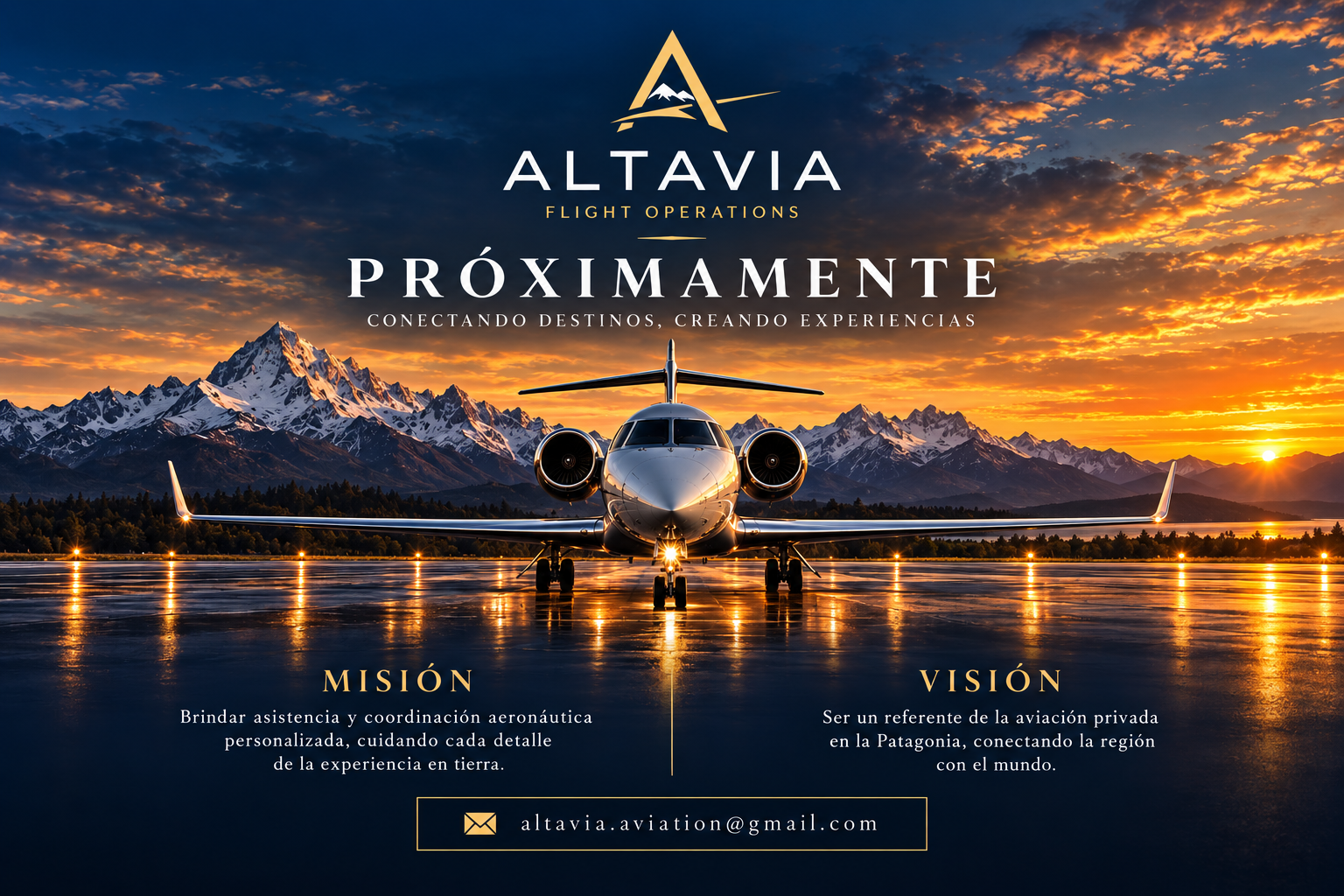 Jet privado frente a las montañas de la Patagonia al atardecer. Altavia Flight Operations, próximamente.